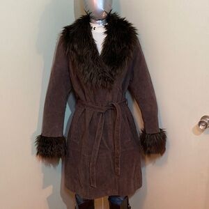 Women's Brown Faux Fur Trim Suede Coat